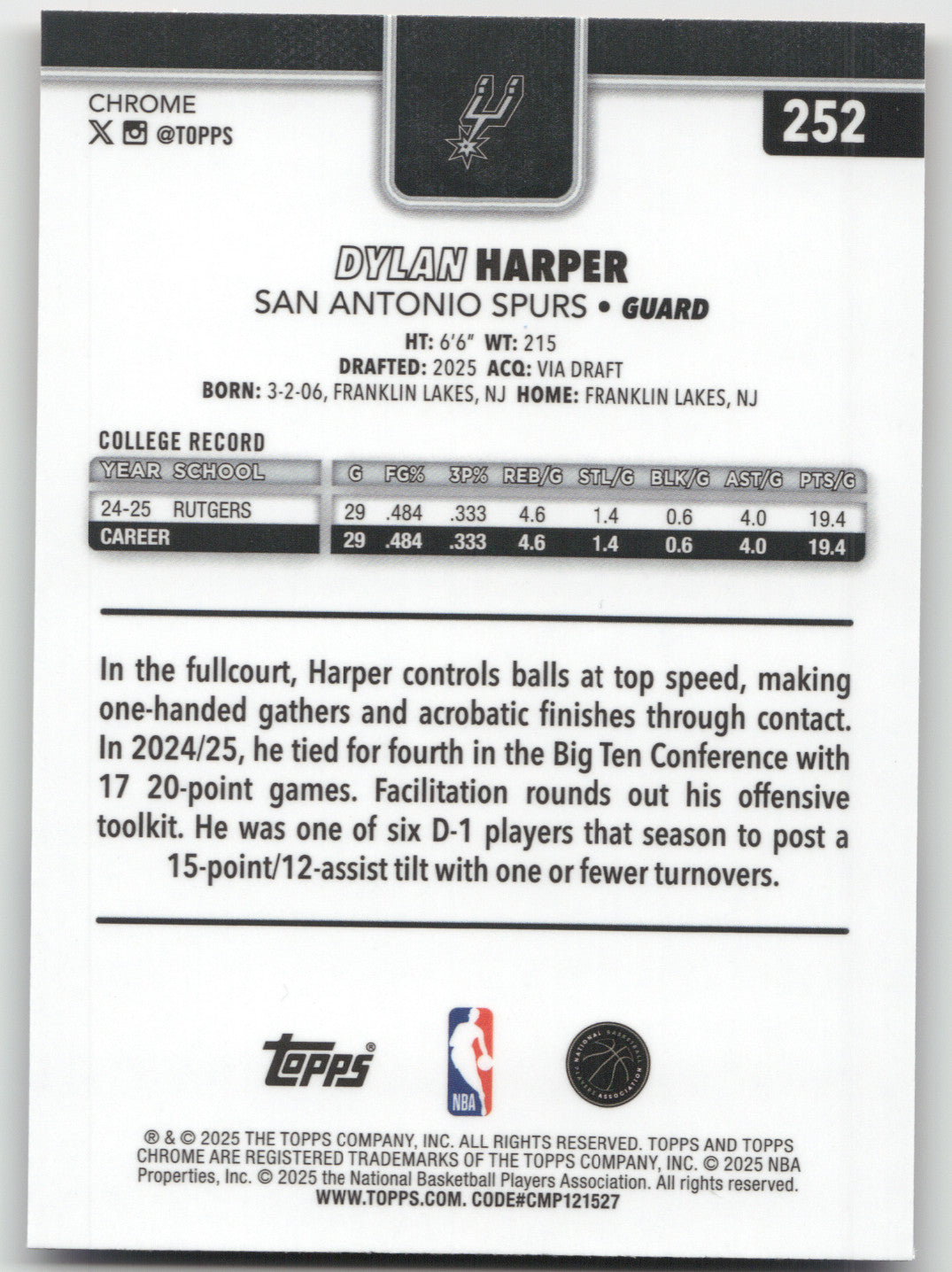 2025 Topps Chrome Dylan Harper #252 Red White Blue RC
