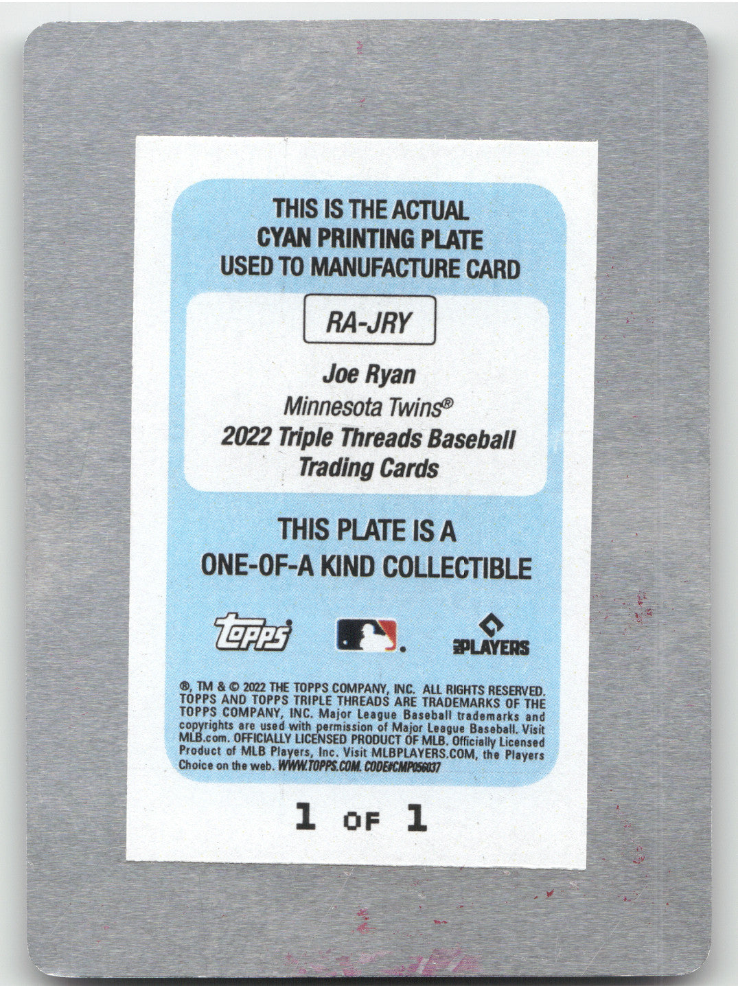 2022 Topps Triple Threads Joe Ryan #RA-JRY Cyan Printing Plate RC