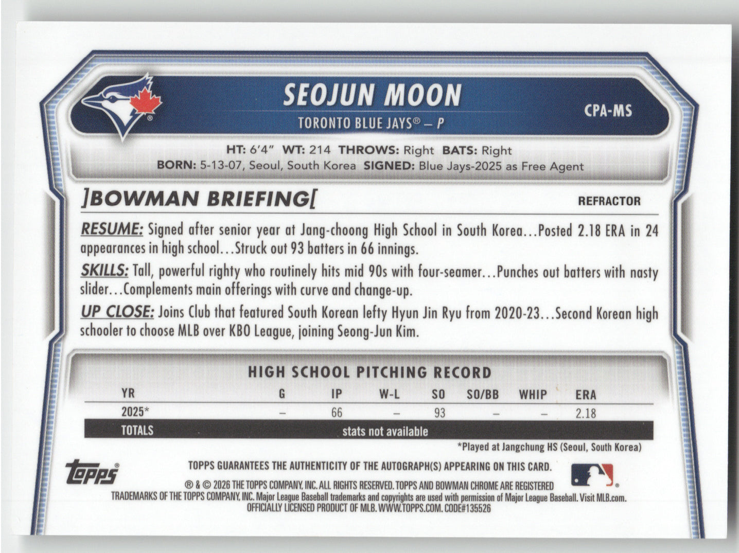 2026 Bowman Chrome Seojun Moon Refractor Auto 1st Bowman 496/499