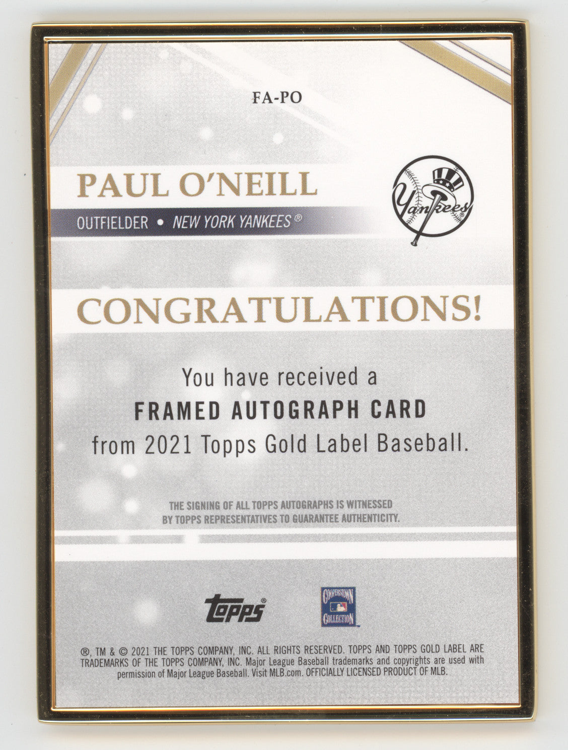 2021 Topps Gold Label Paul O'Neill #FA-PO Framed Autograph 20/50
