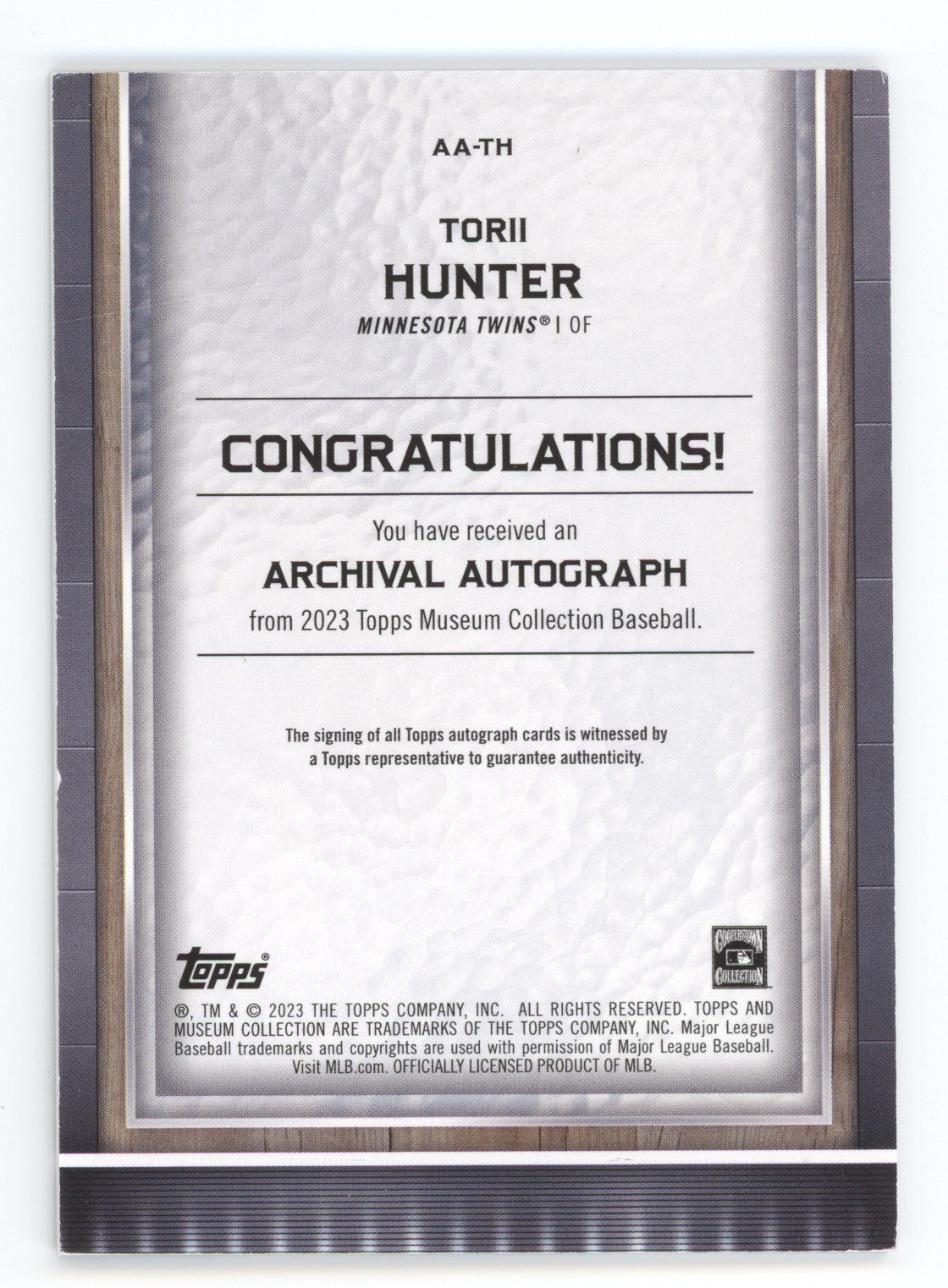 2023 Topps Museum Collection Torii Hunter #AA-TH 20/20 Archival Autograph