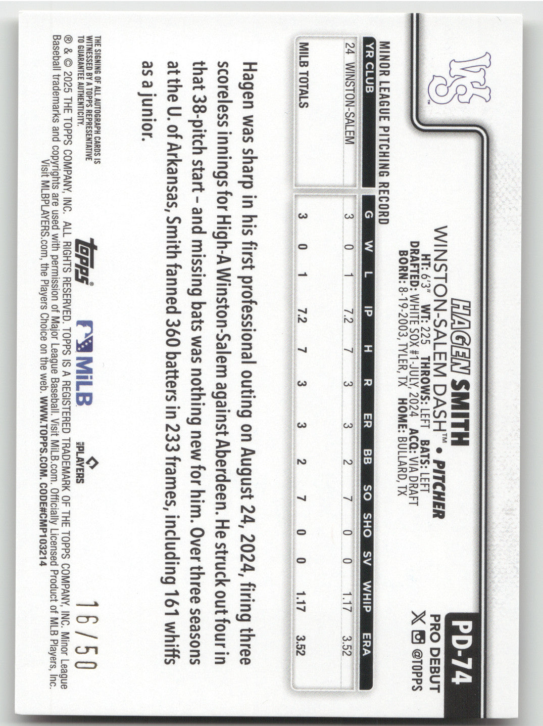 2025 Topps Pro Debut Hagen Smith #PD-74 Gold 16/50
