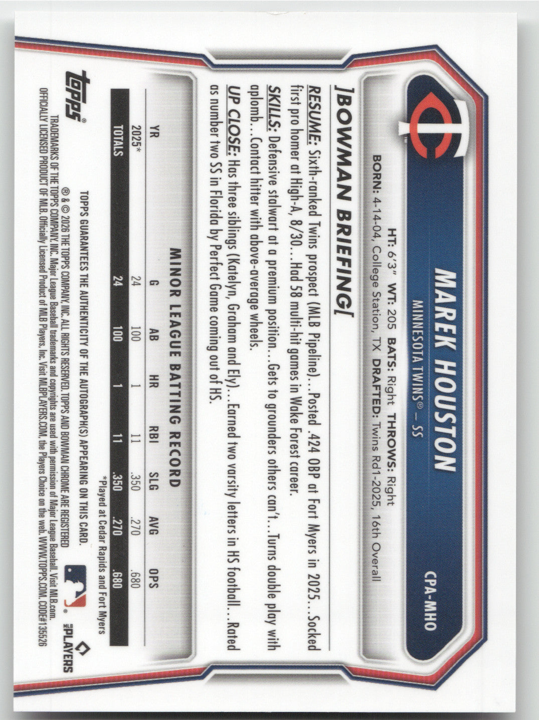 2026 Bowman Chrome Marek Houston #CPA-MHO