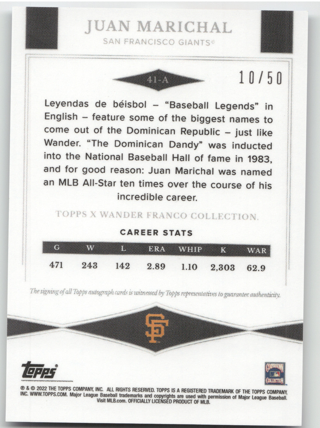 2022 Topps Leyendas de Béisbol Juan Marichal Auto #41-A 10/50