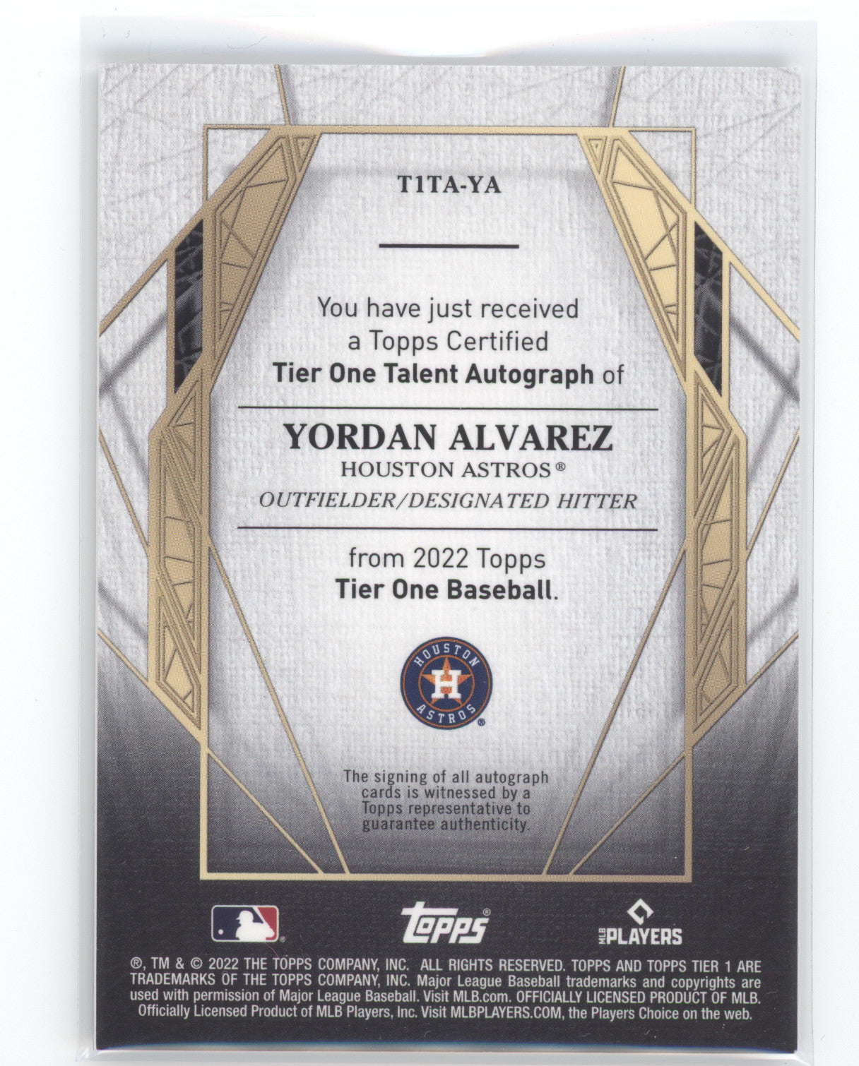 2022 Topps Tier One Tier One Talent Yordan Alvarez #T1TA-YA 113/175 Auto