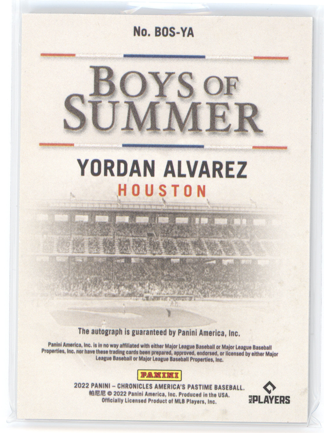 2022 Panini Chronicles America's Pastime Boys of Summer Yordan Alvarez 18/93