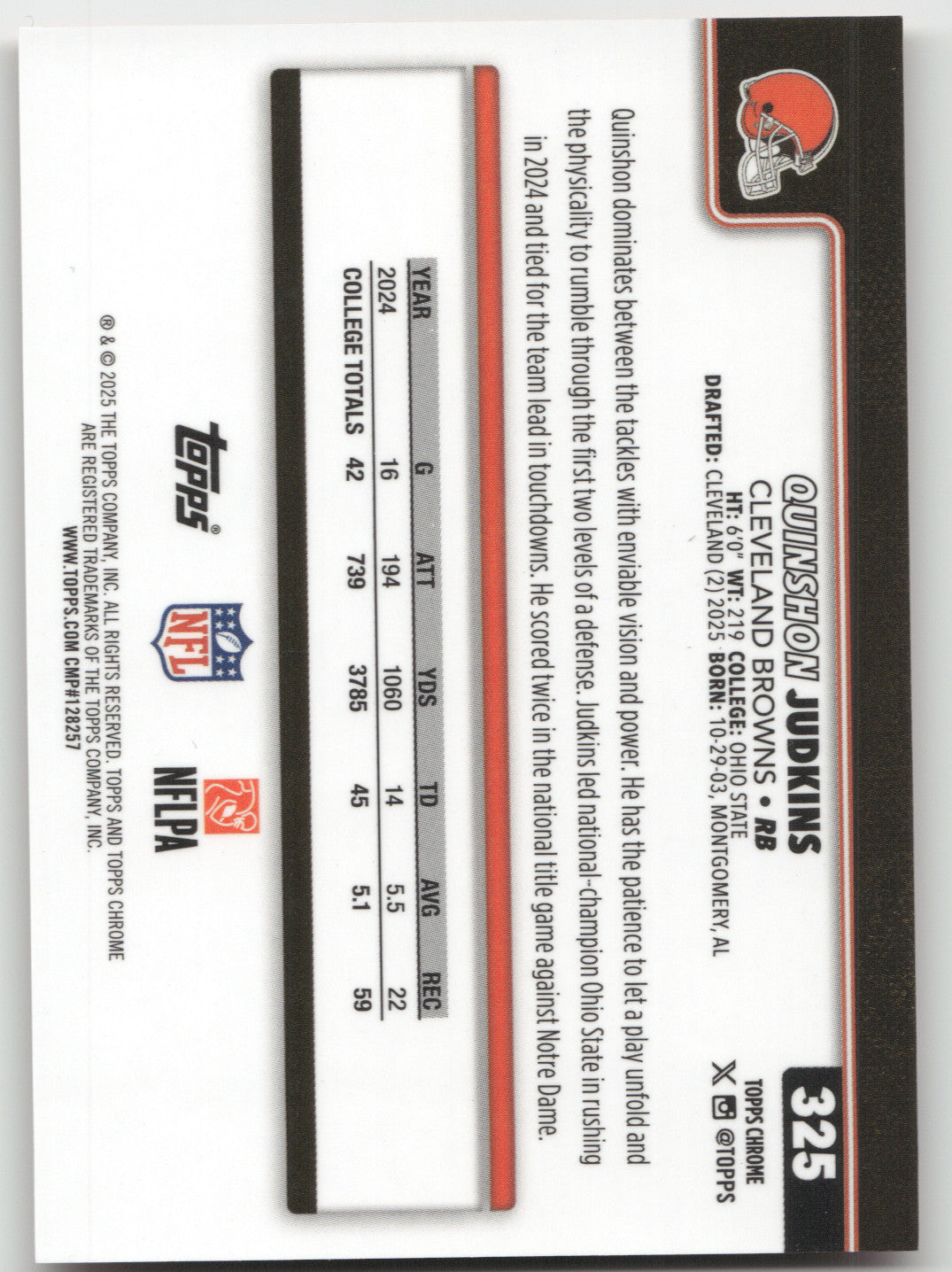 2025 Topps Chrome Quinshon Judkins #325 Orange RC 12/25