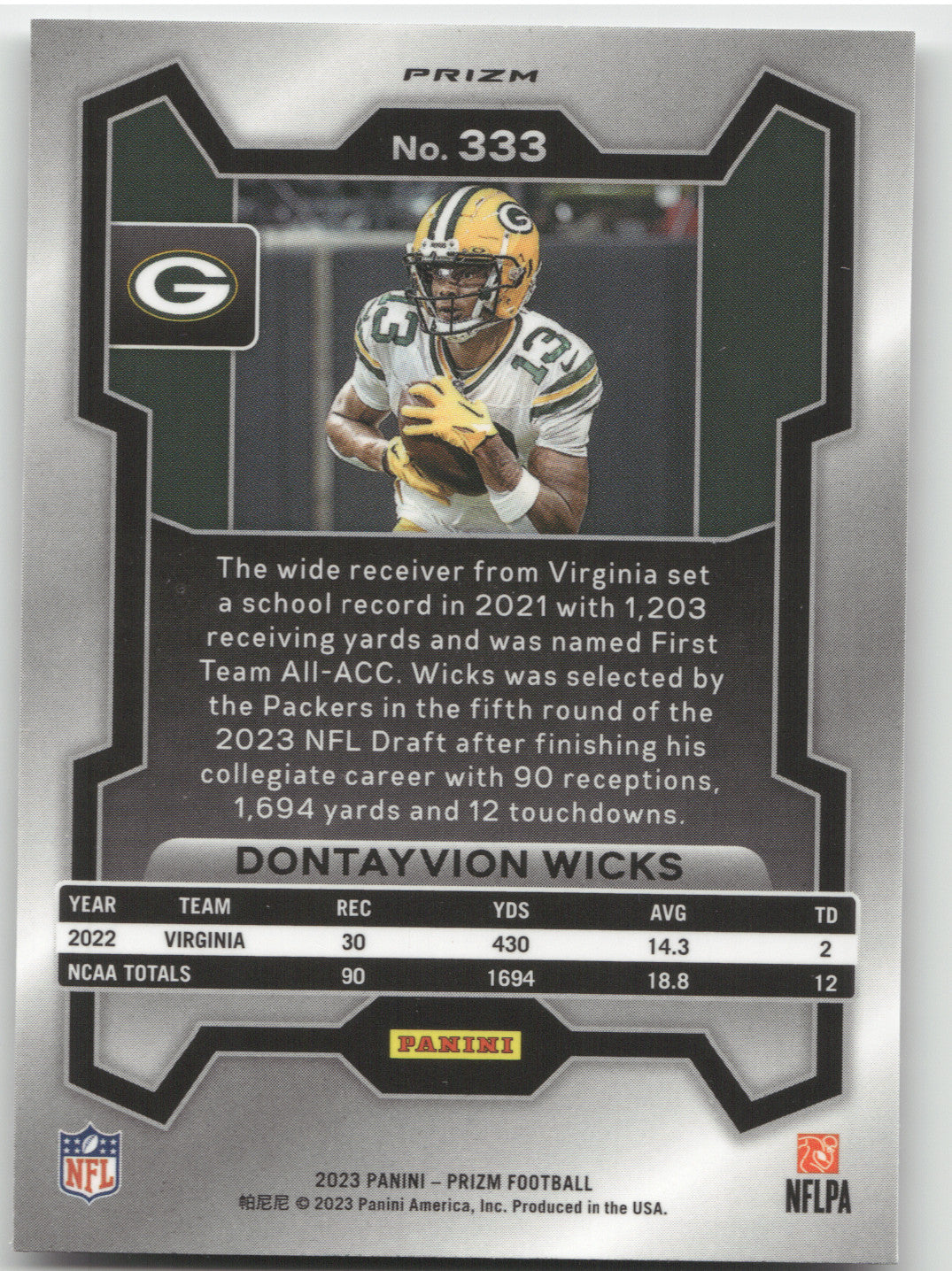 2023 Panini Prizm Football Dontayvion Wicks #333 Press Proof RC