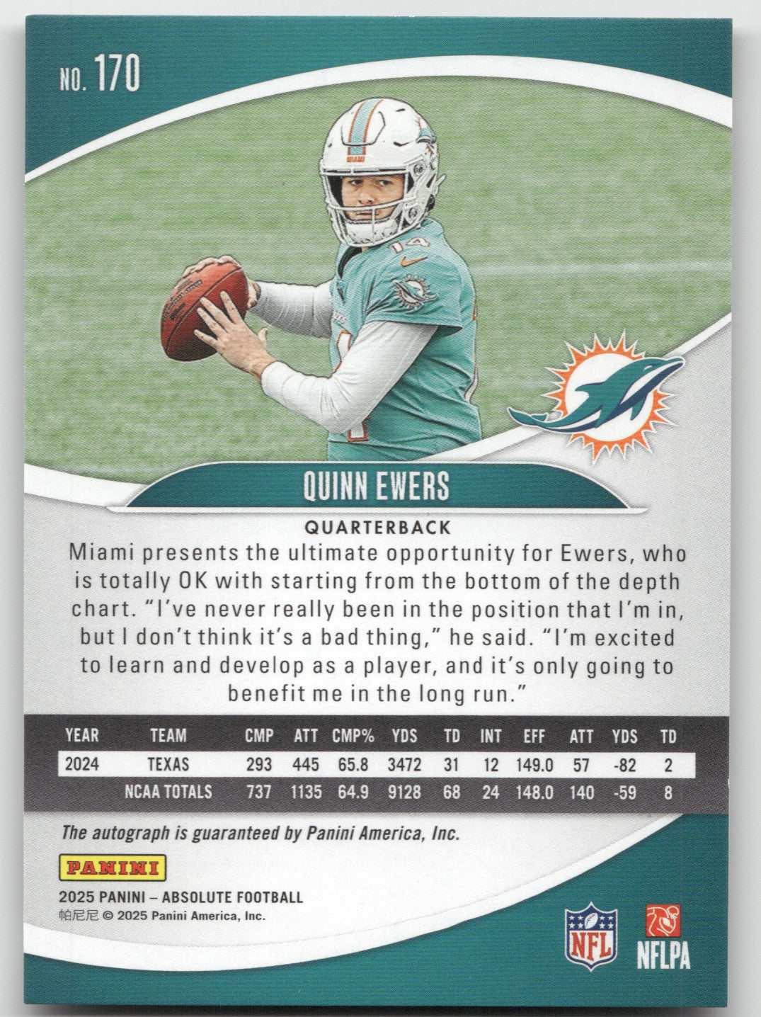 2025 Panini Absolute Football Quinn Ewers #170 04/50 RC