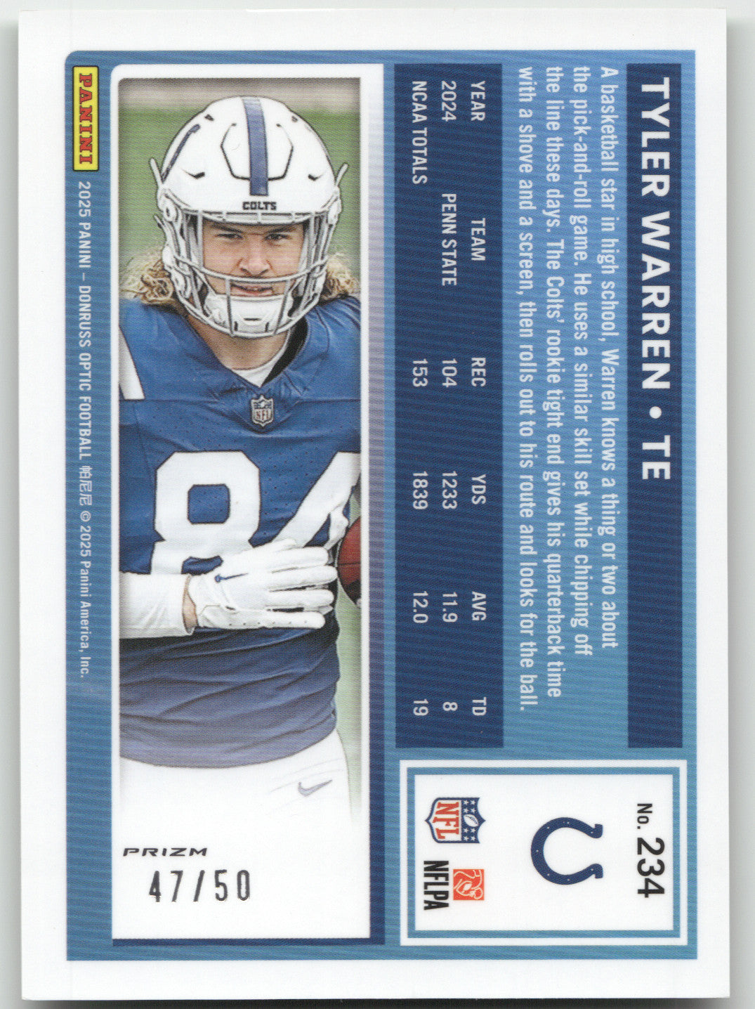 2025 Panini Donruss Optic Prizm Tyler Warren #234 Lime Green 47/50