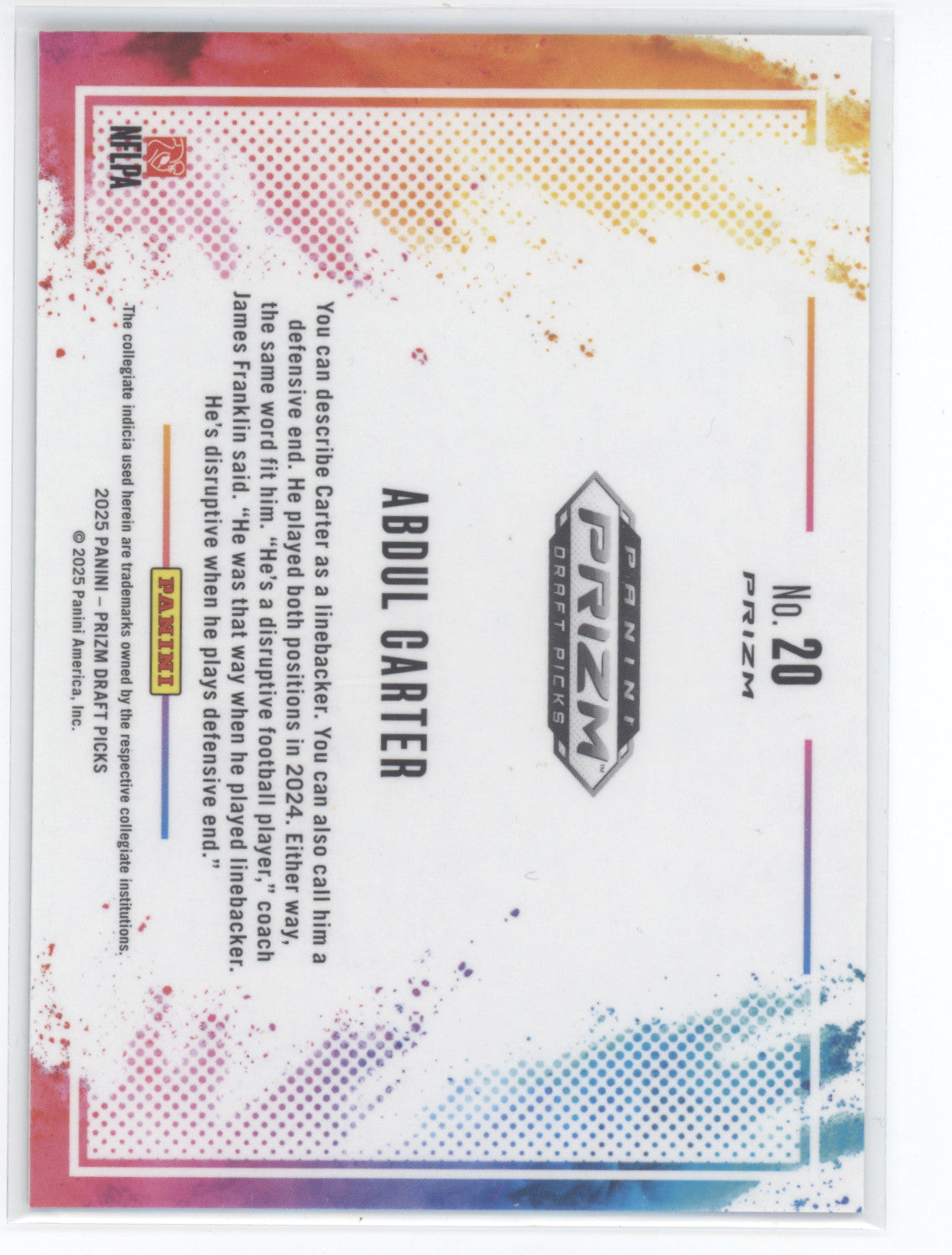 2025 Panini Prizm Draft Picks Color Blast Abdul Carter #20 RC