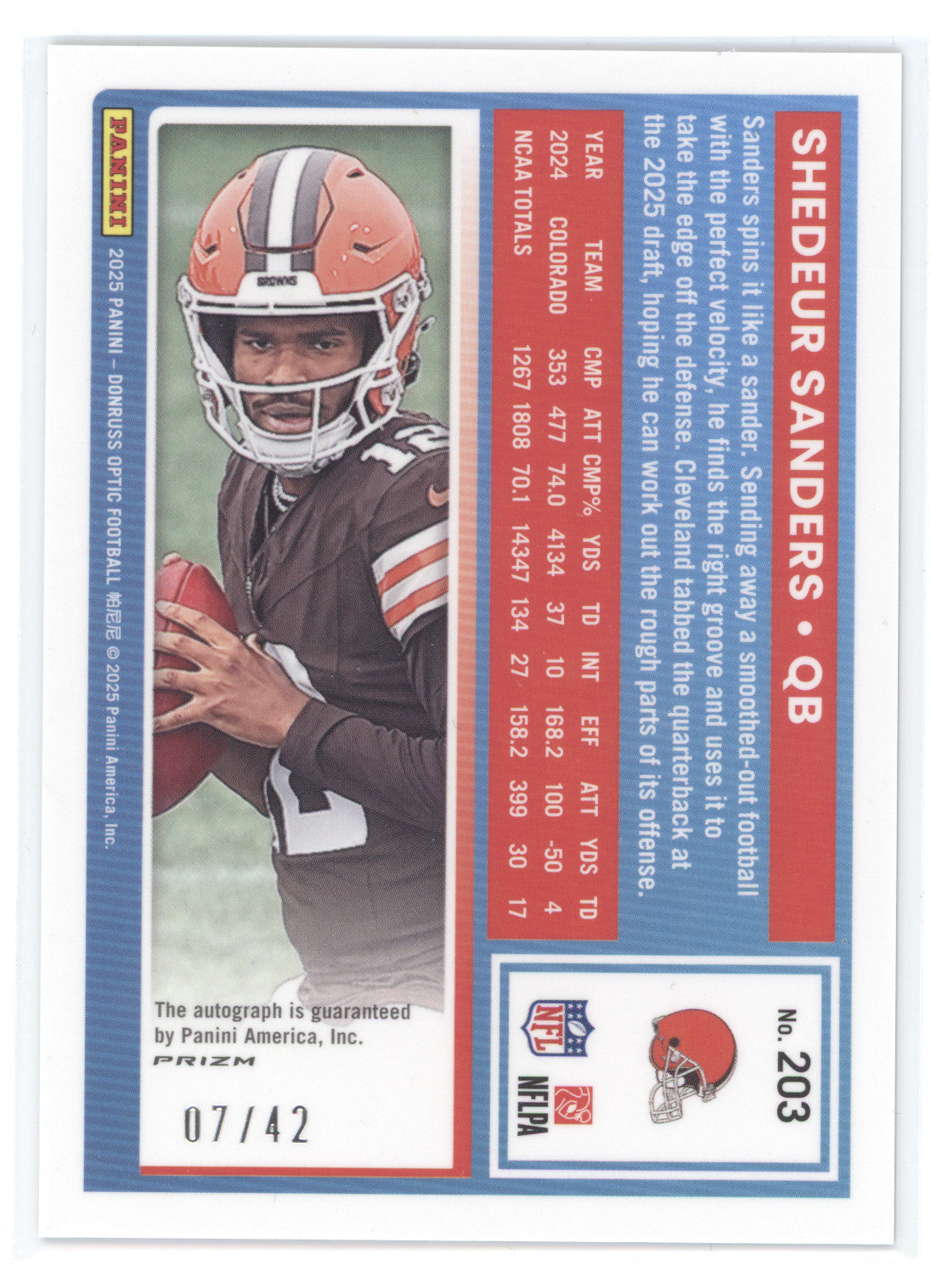 2025 Panini Donruss Optic Prizm Shedeur Sanders #203 Purple Stars 07/42 Auto