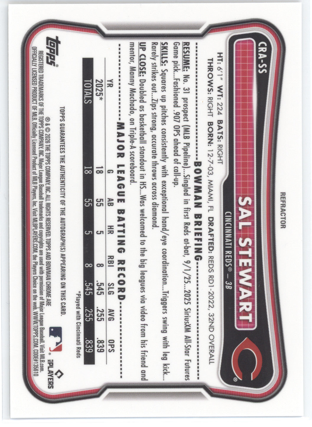 2026 Topps Bowman Chrome Sal Stewart #CRA-SS Refractor Auto 411/499 RC