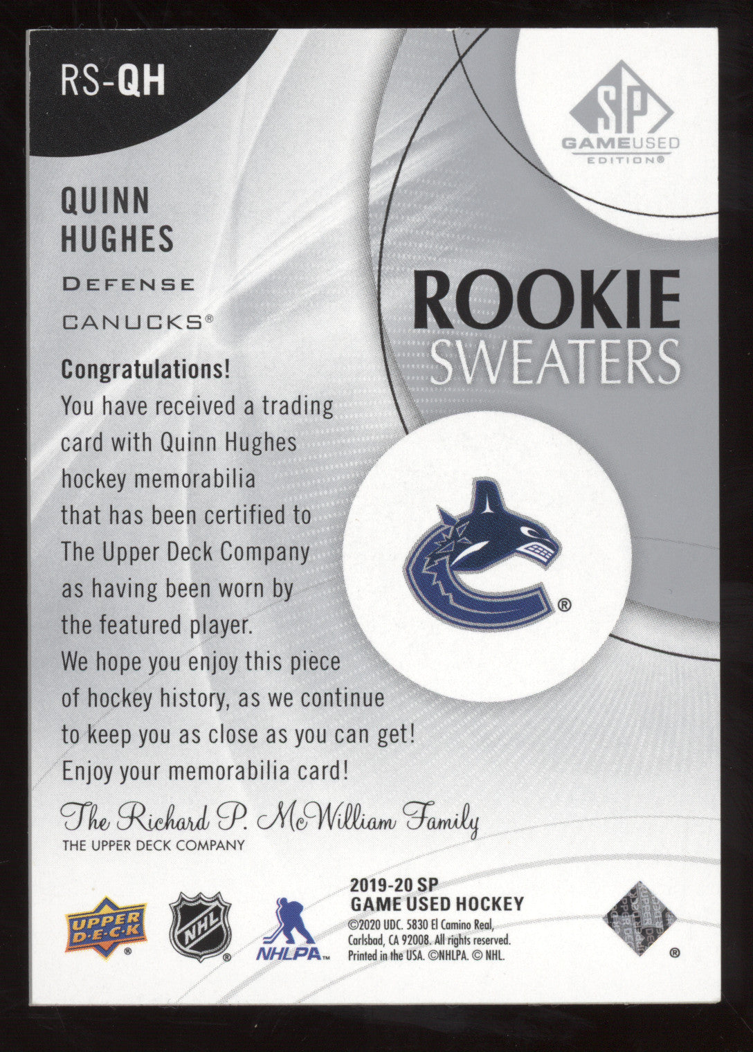 2019 Upper Deck SP Game Used Rookie Sweaters Quinn Hughes #RS-QH 081/199 Jersey