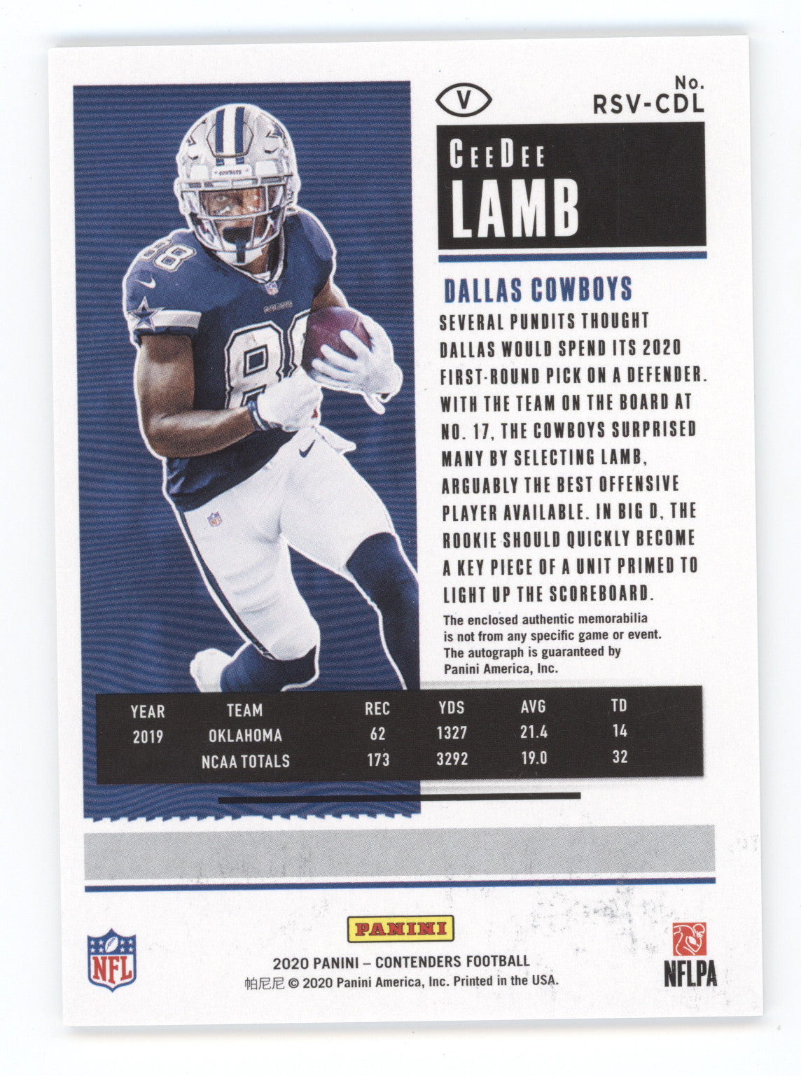 2020 Panini Contenders Rookie Ticket CeeDee Lamb #RSV-CDL Autograph RC