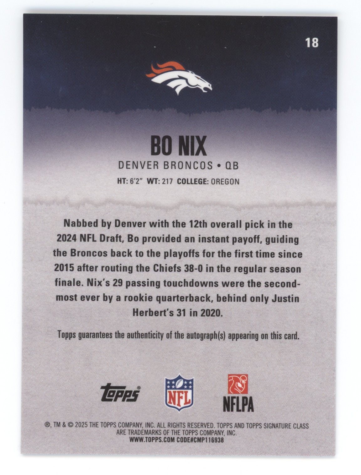 2025 Topps Signature Class Autographs Bo Nix #18