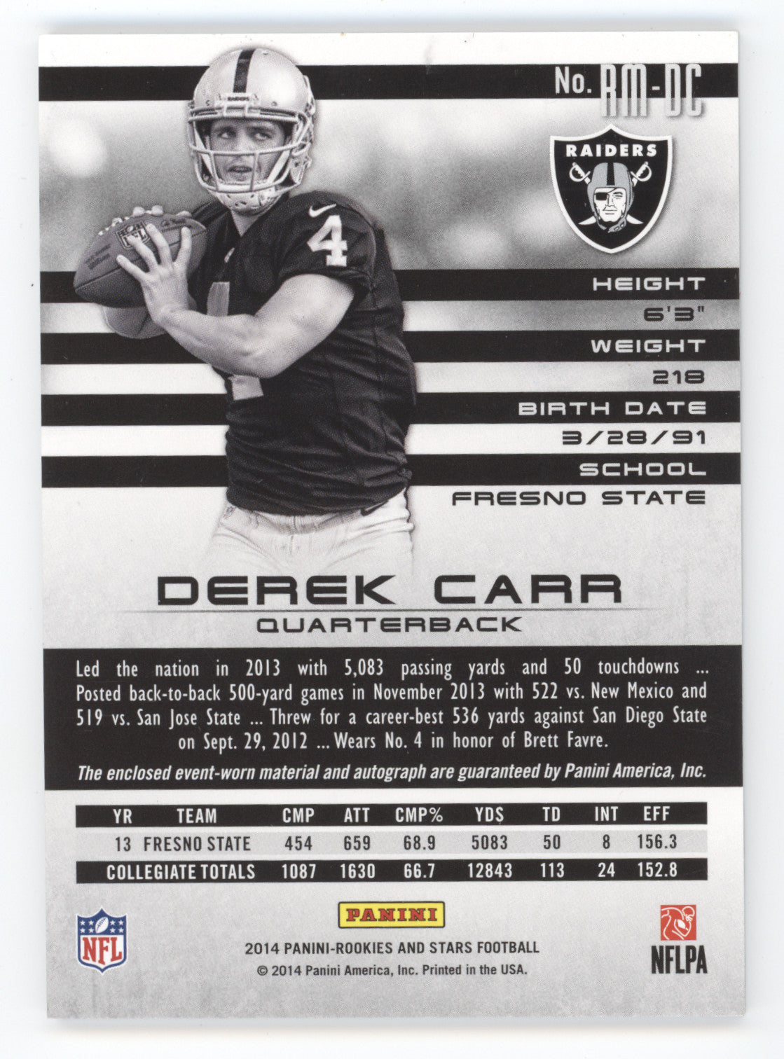 2014 Panini Rookies and Stars Derek Carr #RM-DC Rookie Material Signatures 03/15