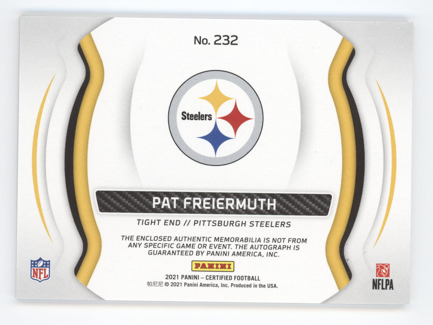 2021 Panini Certified Freshman Fabric Pat Freiermuth #232 Sig. Bronze 036/349