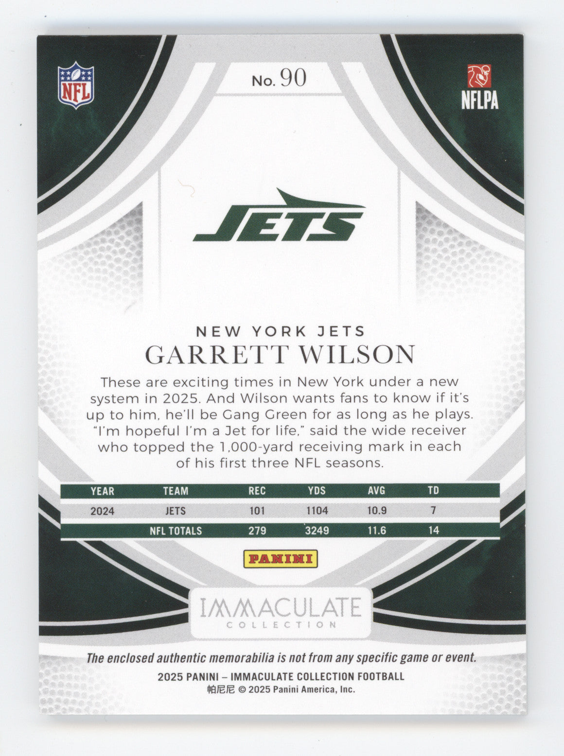 2025 Panini Immaculate Collection Garrett Wilson #90 Red 20/75 Memorabilia