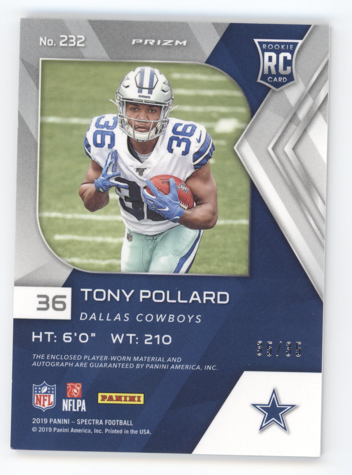 2019 Panini Spectra Tony Pollard #232 Purple 35/35 RC