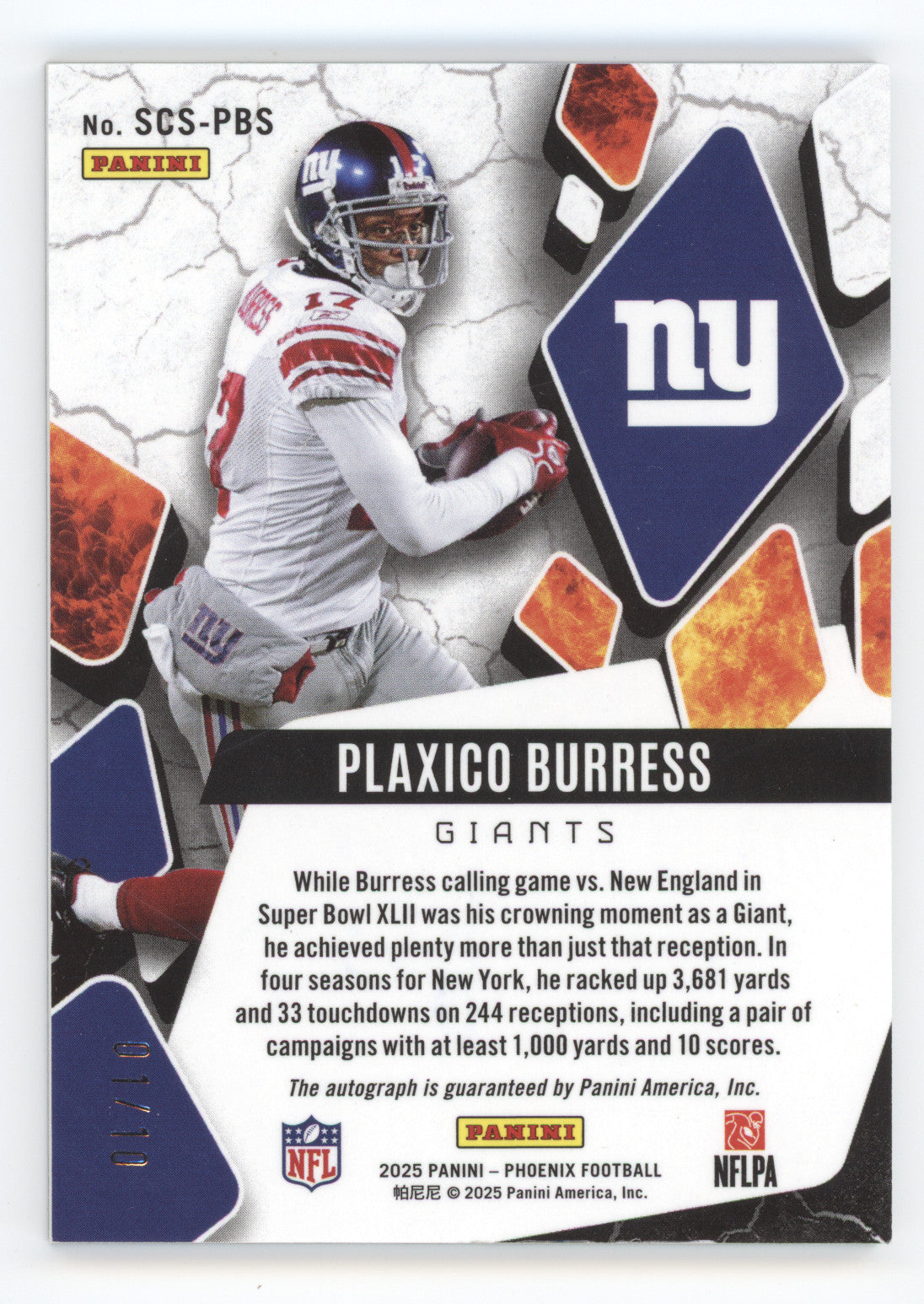 2025 Panini Phoenix Scorched Plaxico Burress #SCS-PBS 01/10
