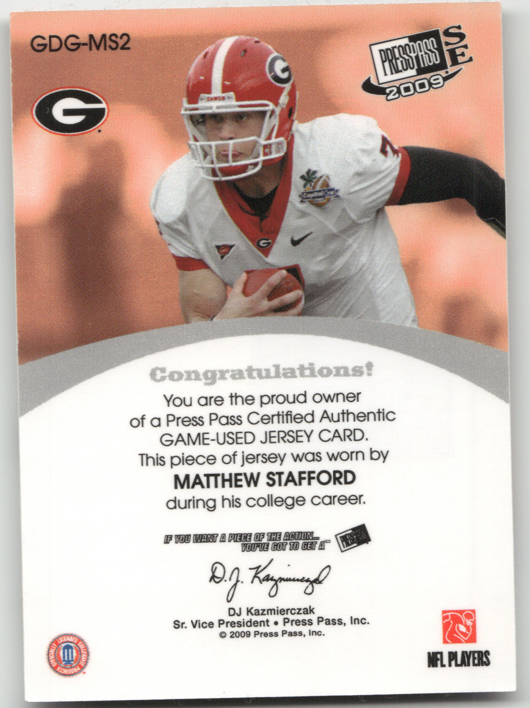 2009 Press Pass SE Game Day Gear Matthew Stafford #GDGMS2 54/99 Game-Used Jersey