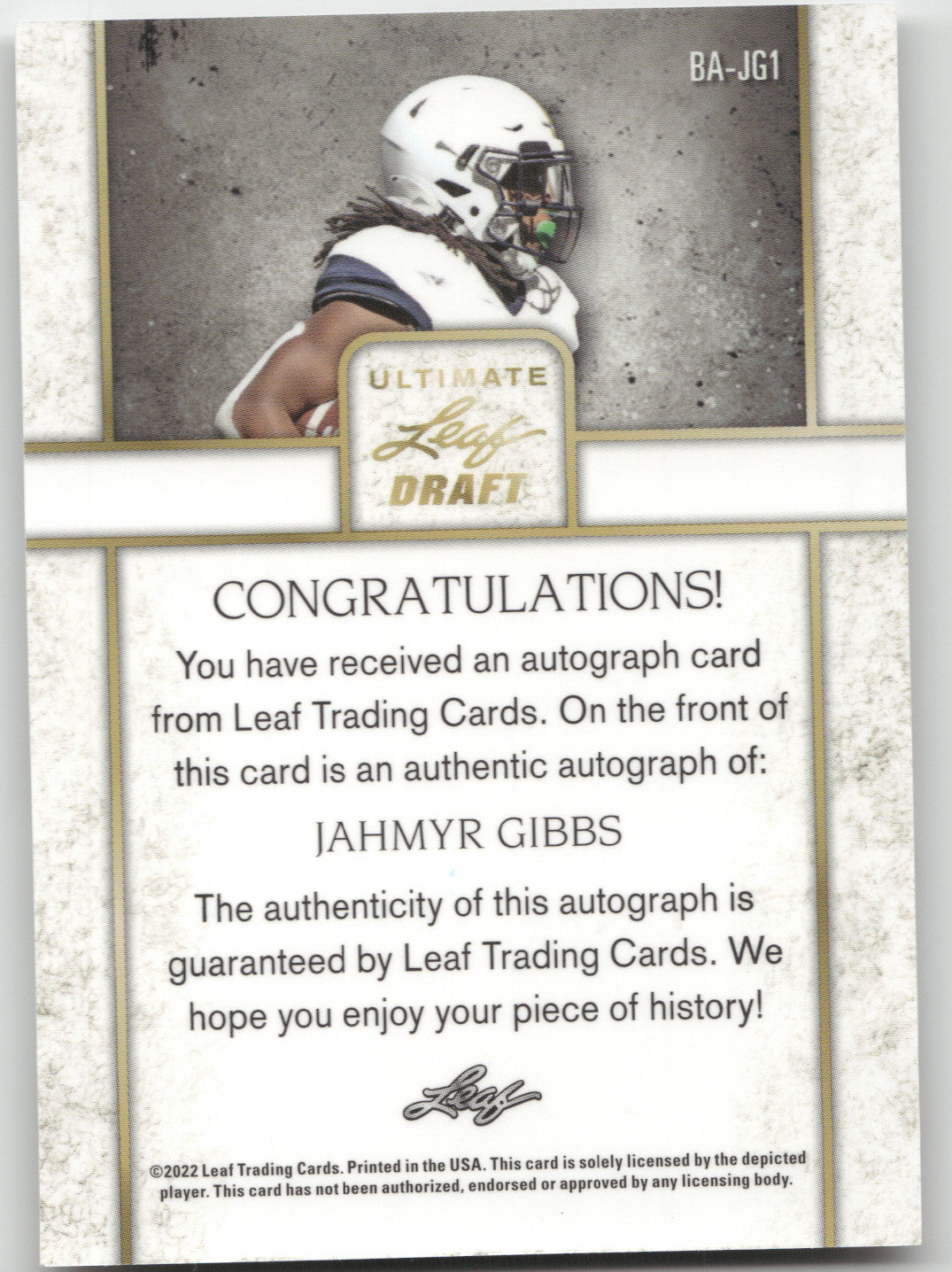 2022 Leaf Ultimate Draft Autographs Jahmyr Gibbs #BA-JG1 58/99