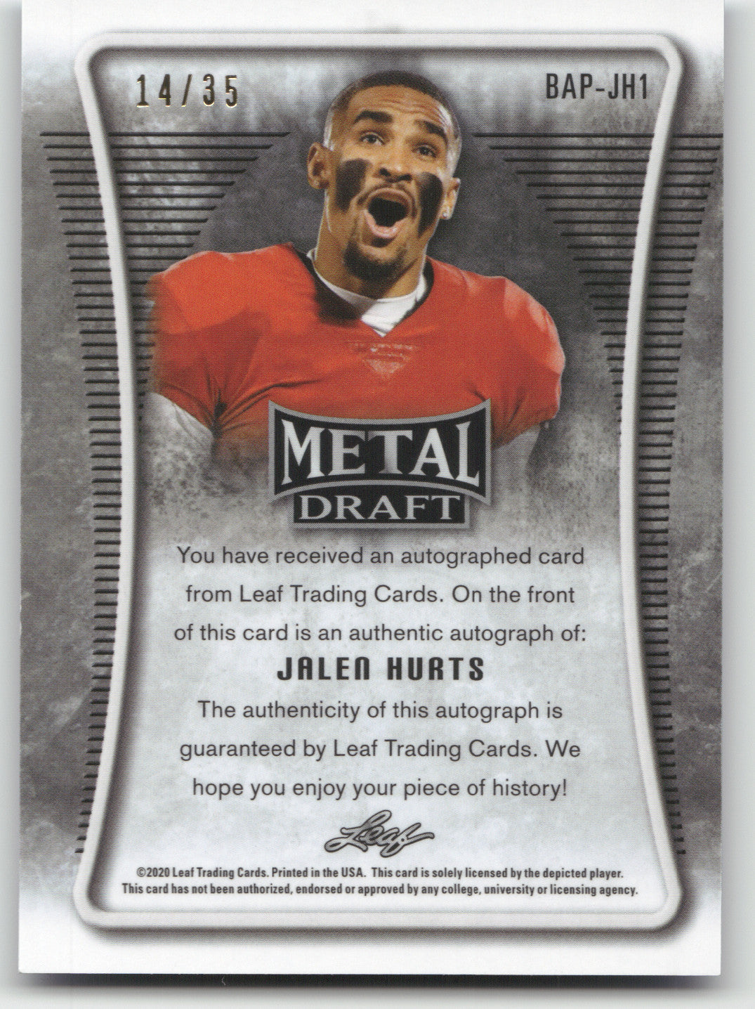2020 Leaf Metal Draft Autographs Jalen Hurts #BAP-JH1 Blue 14/35