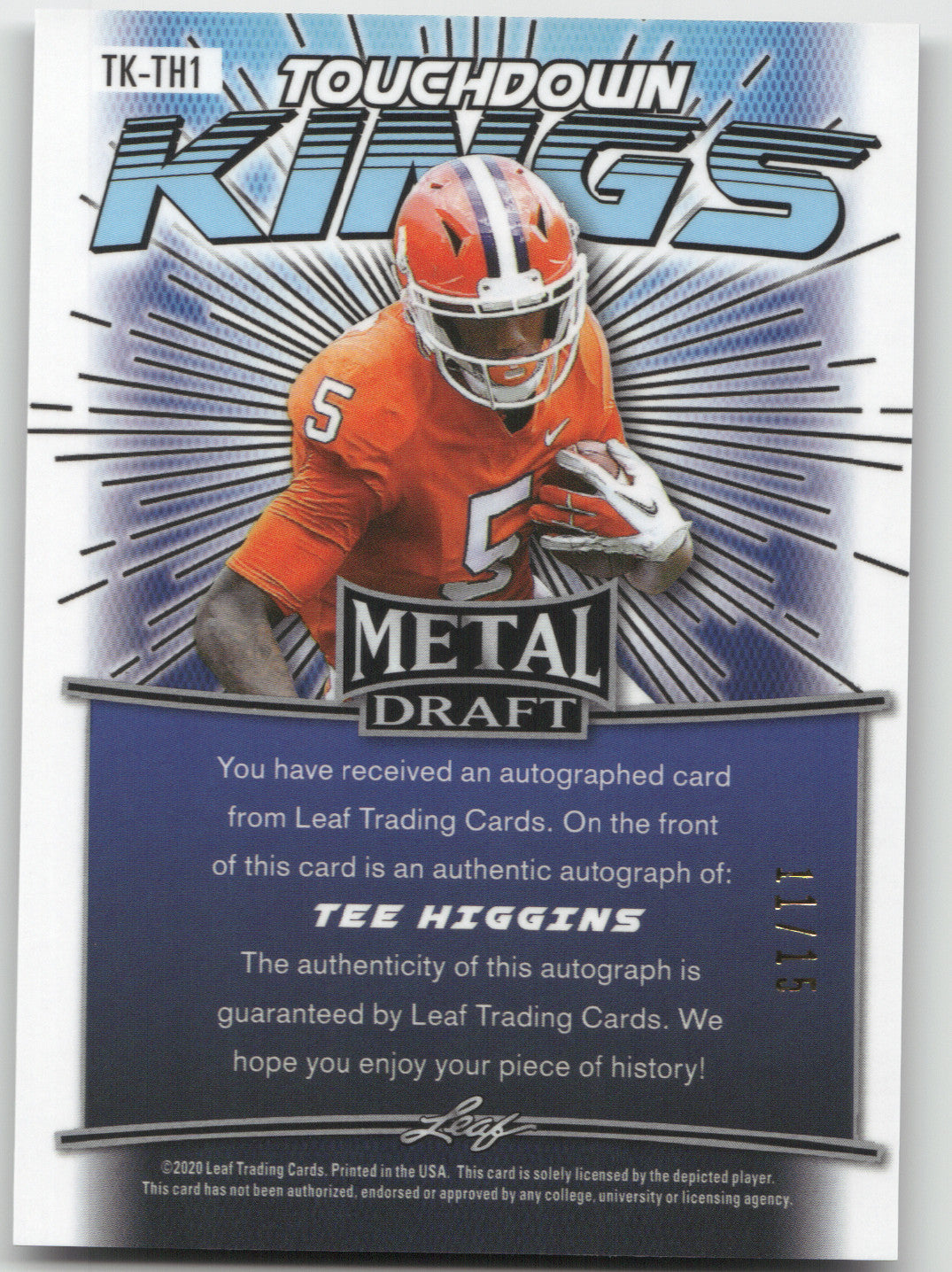 2020 Leaf Metal Draft Touchdown Kings Tee Higgins #TK-TH1 Purple Wave 11/15