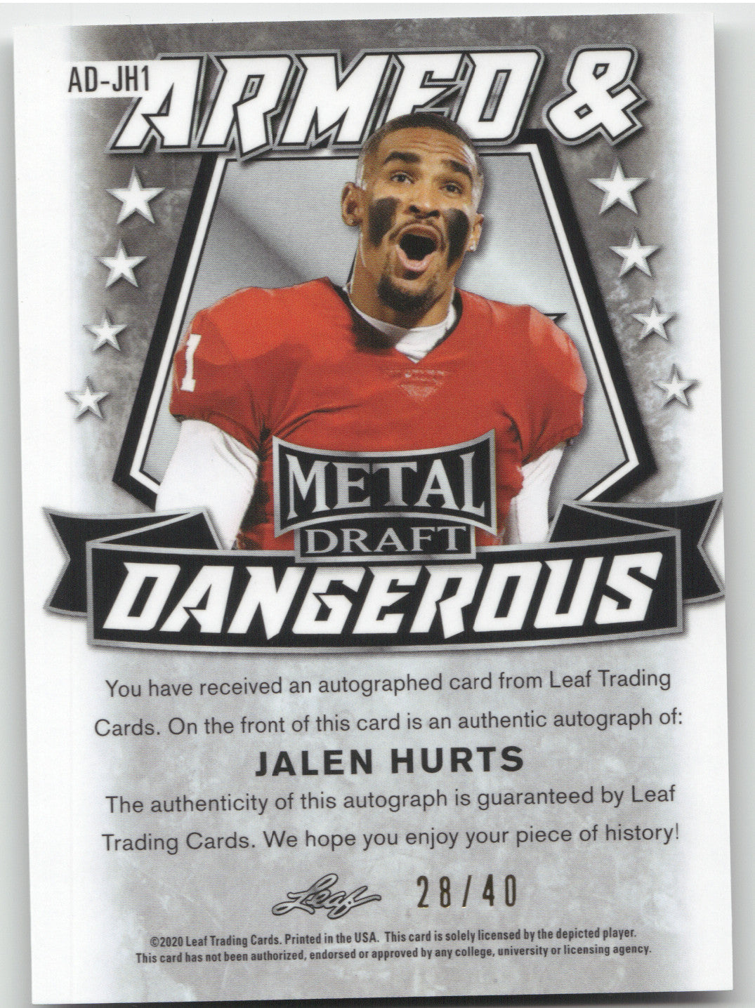 2020 Leaf Metal Draft Armed & Dangerous Jalen Hurts #AD-JH1 Silver Mojo 28/40
