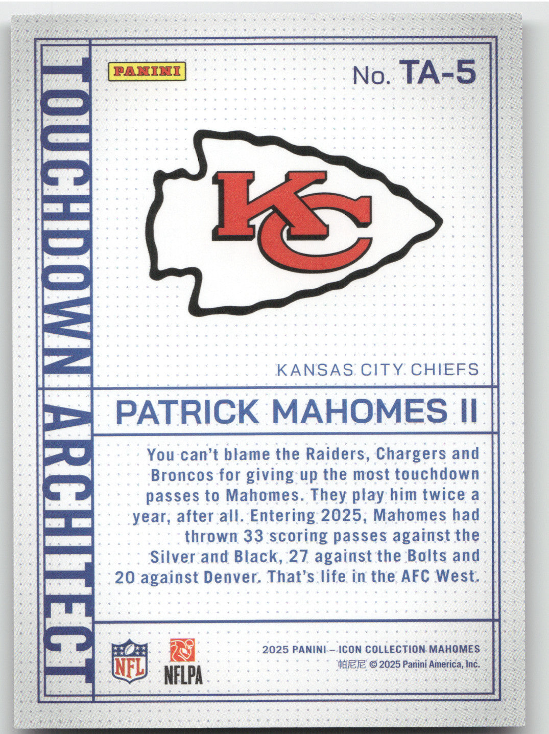 2025 Panini Icon Collection Touchdown Architect Patrick Mahomes II #5 Gold 02/10