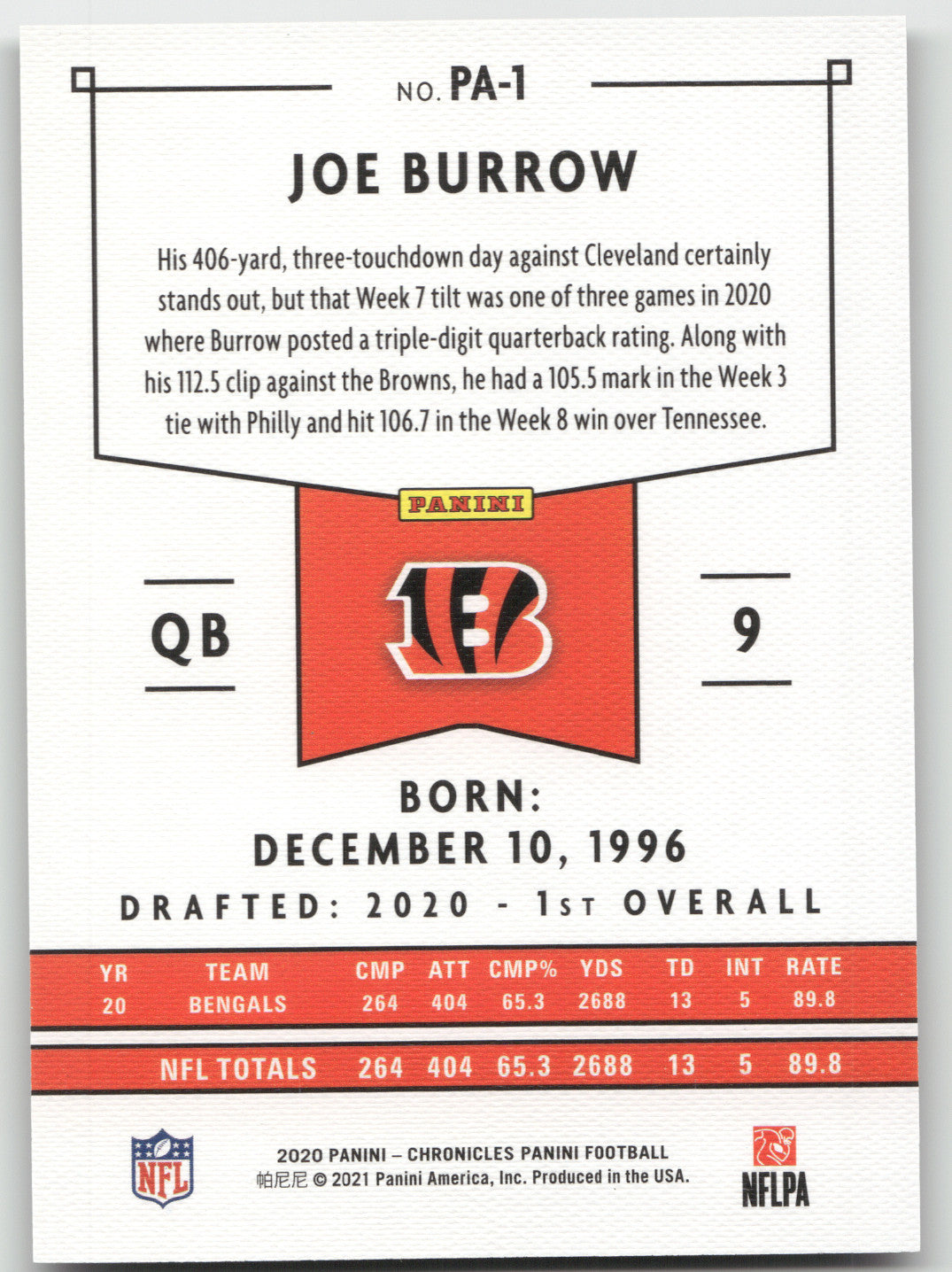 2020 Panini Chronicles Football Joe Burrow #PA-1 Blue 64/99 RC