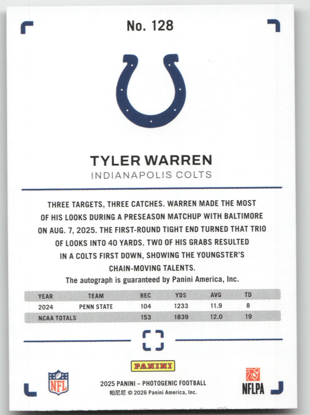 2025 Panini Photogenic Football Tyler Warren #128 Gold Rookie Autograph RC 04/10