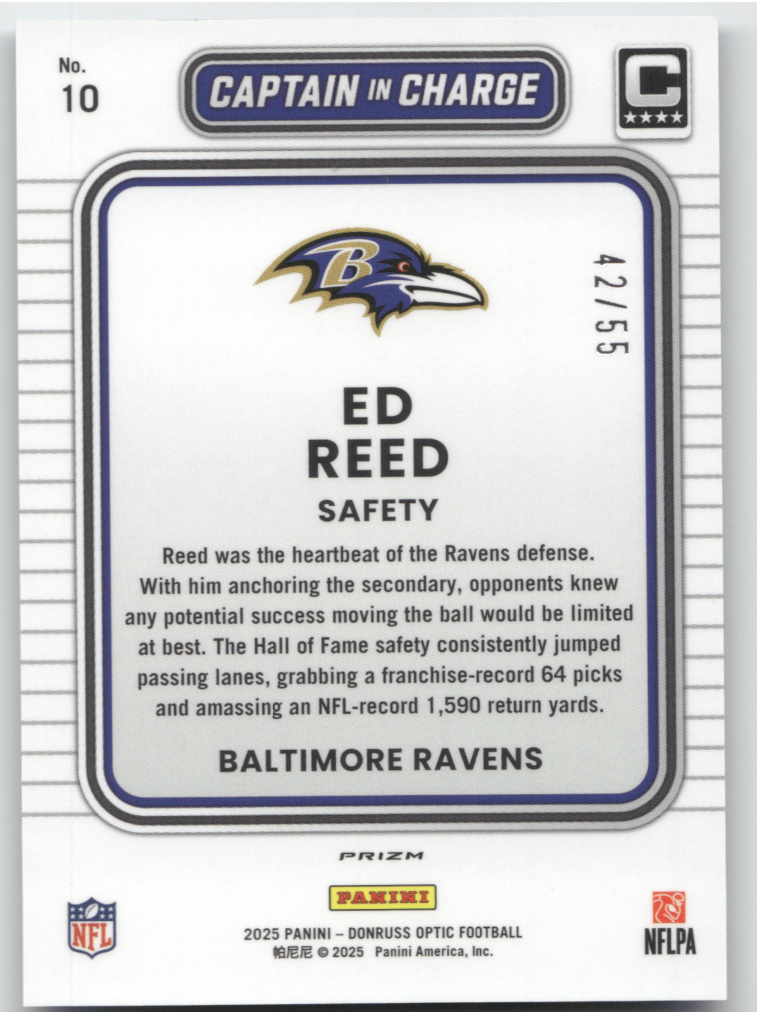 2025 Donruss Optic Captain In Charge Ed Reed #10 Ice 42/55