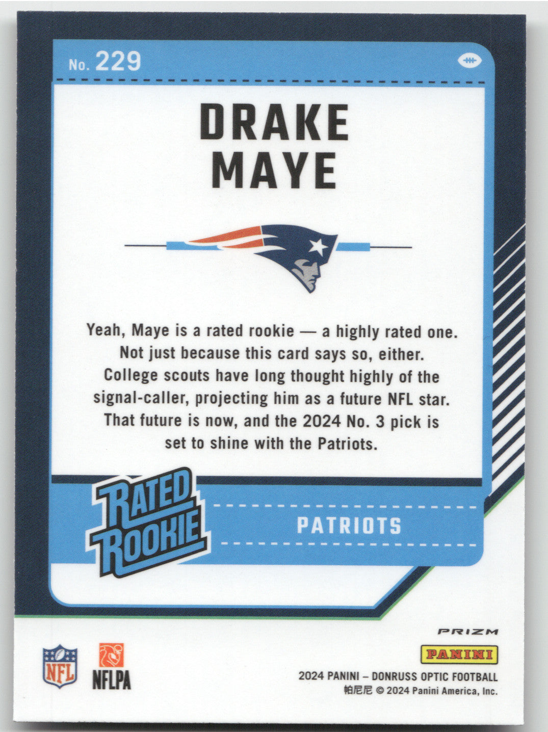2024 Donruss Optic Rated Rookie Drake Maye #229 Purple Shock