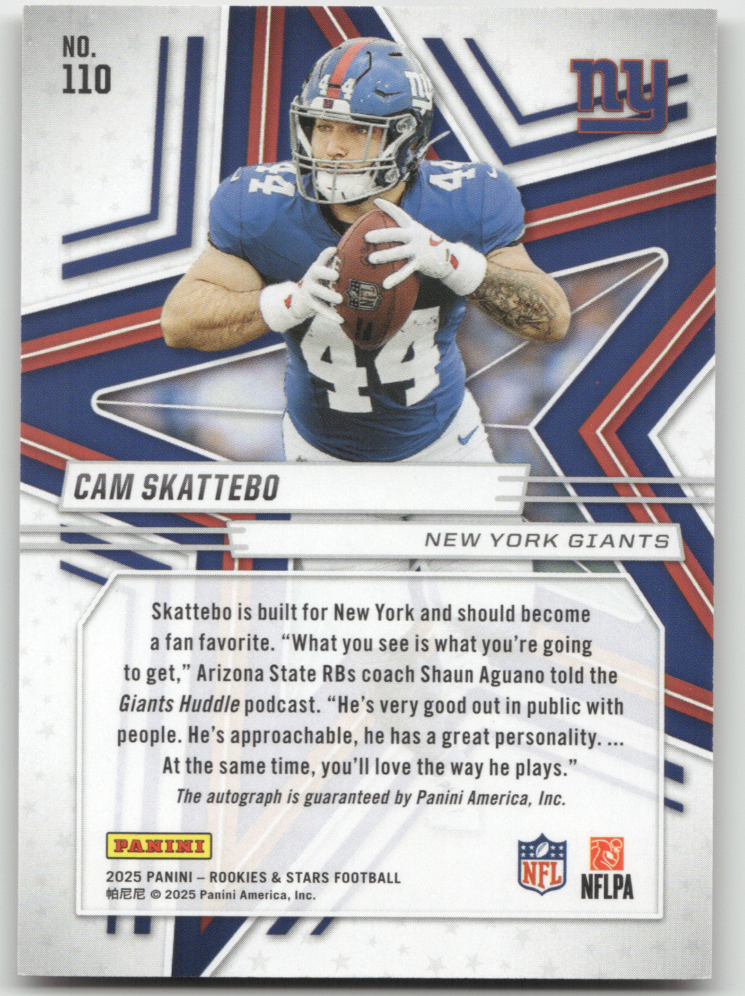 2025 Panini Rookies & Stars Cam Skattebo #110 Orange Rookie Signature 129/199 RC