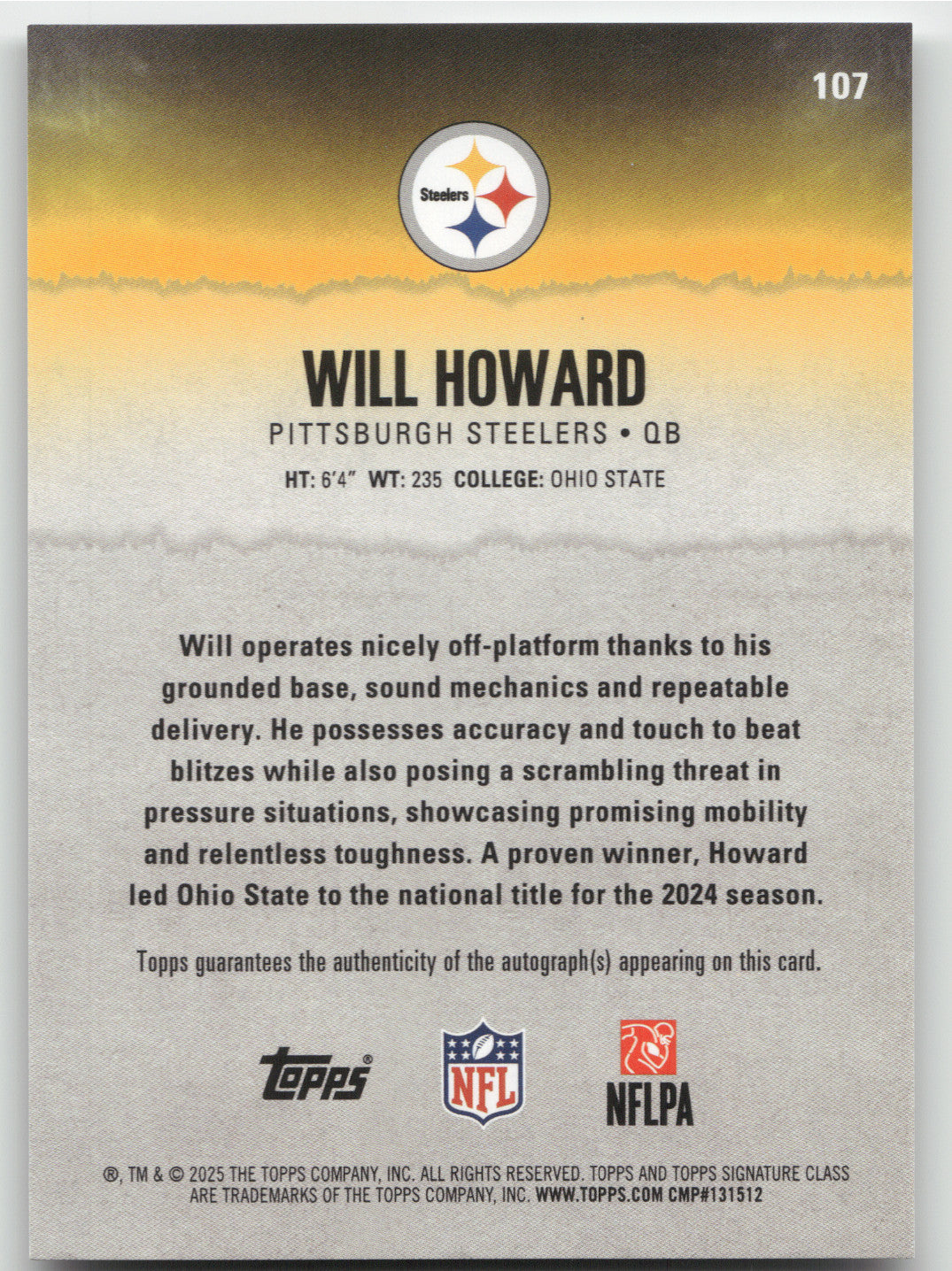 2025 Topps Signature Class Will Howard #107 Rookie Autograph RC