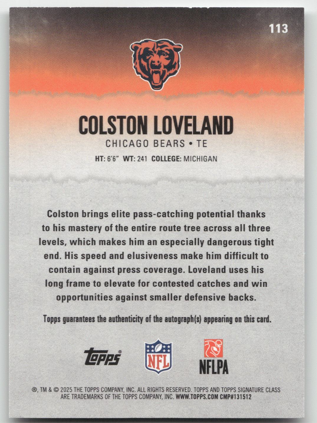 2025 Topps Signature Class Colston Loveland #113 Rookie Autograph Teal 151/225