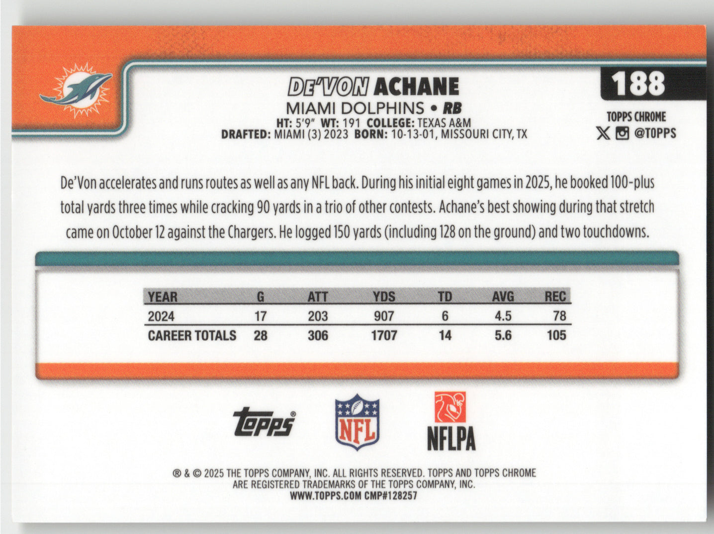 2025 Topps Chrome De'Von Achane #188 Gold Wave 25/50
