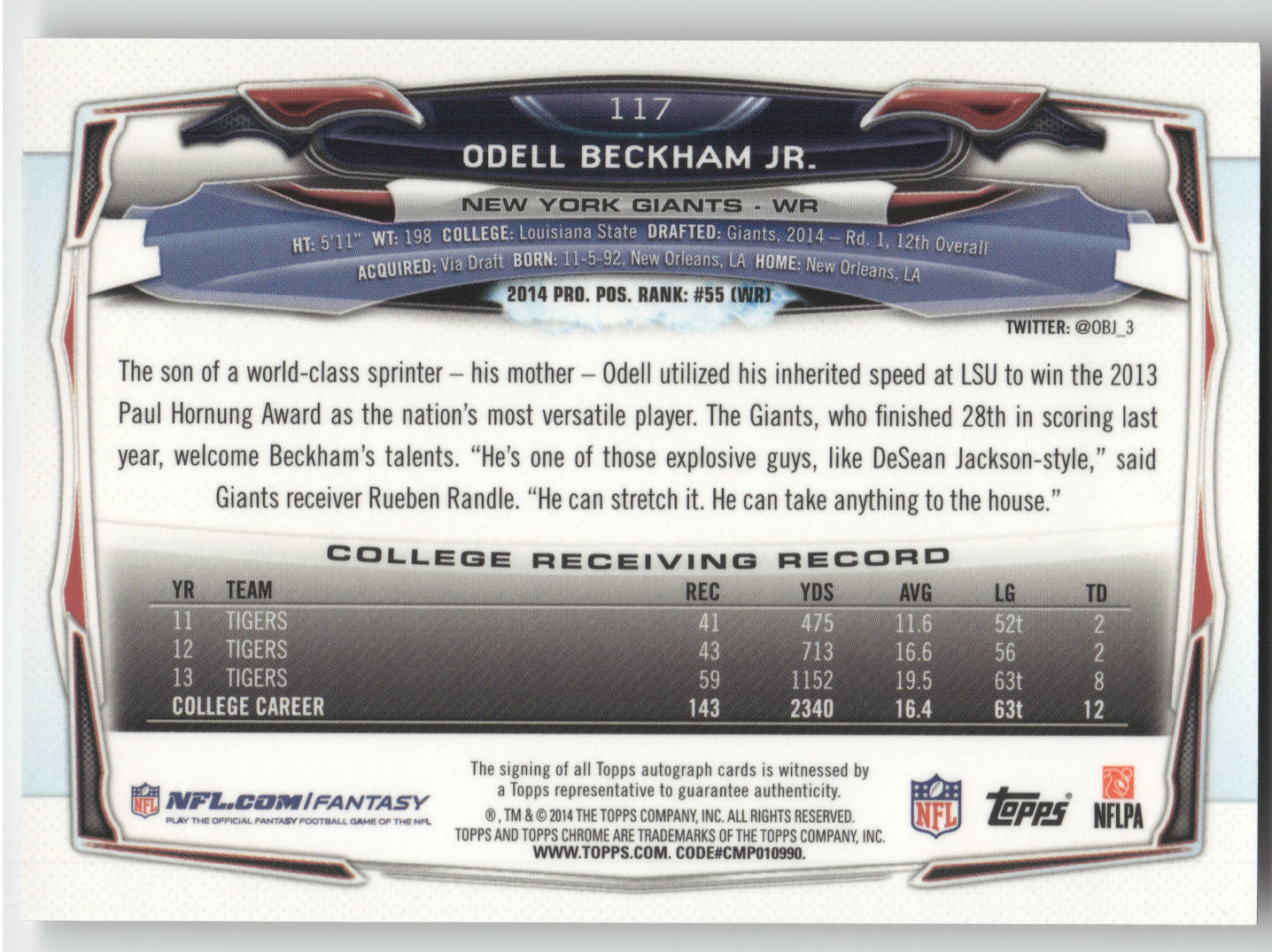 2014 Topps Chrome Odell Beckham Jr. #117 Facing Forward Autograph RC
