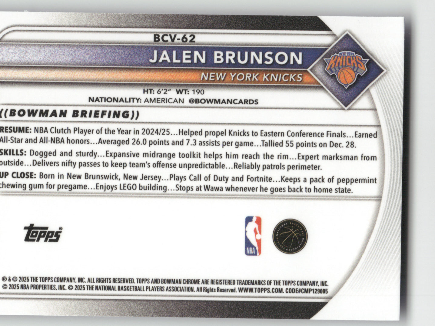 2025 Bowman Chrome Jalen Brunson #BCV-62 Blue Sapphire Refractor