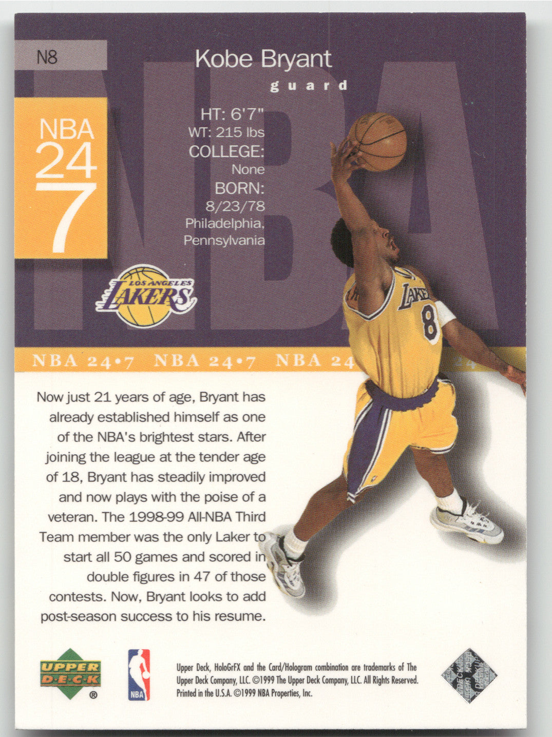 1999 Upper Deck HoloGrFX NBA 24/7 Kobe Bryant #N8