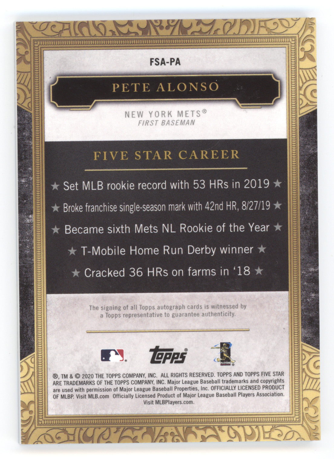 2020 Topps Five Star Autograph Pete Alonso #FSA-PA Blue 24/25