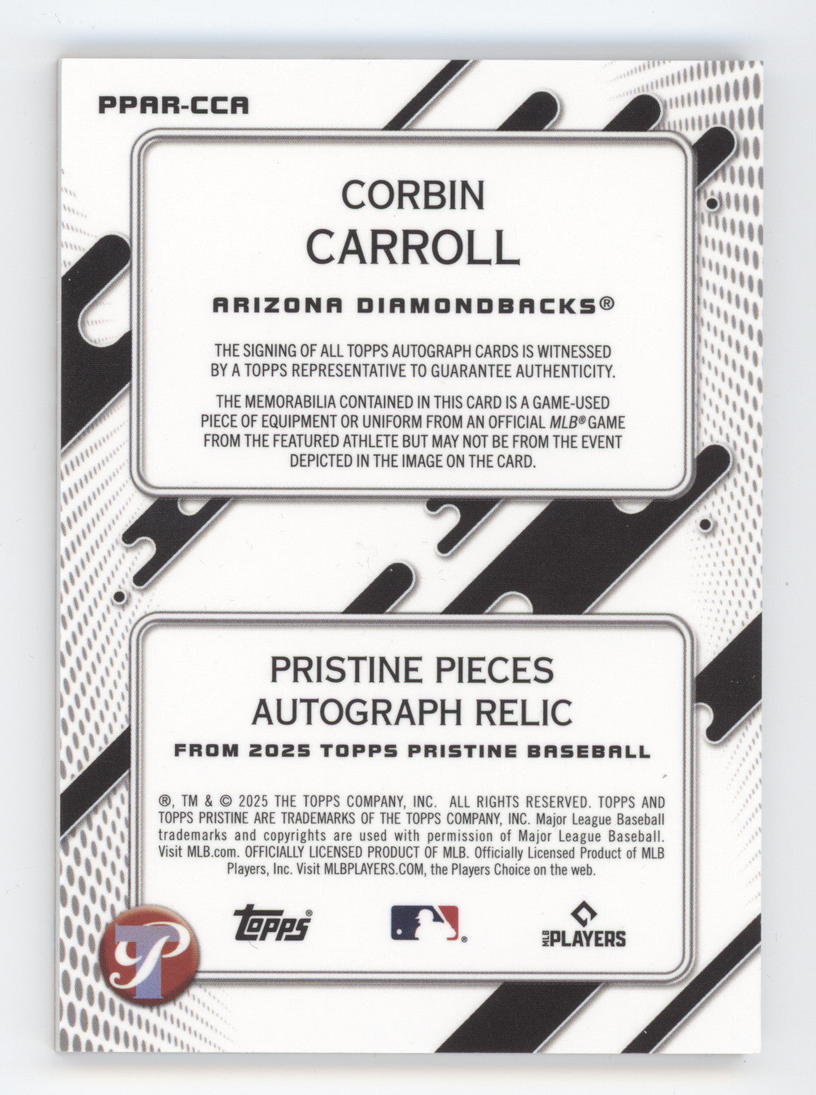 2025 Topps Pristine Pieces Autograph Relic Corbin Carroll #PPAR-CCA Orange 06/25