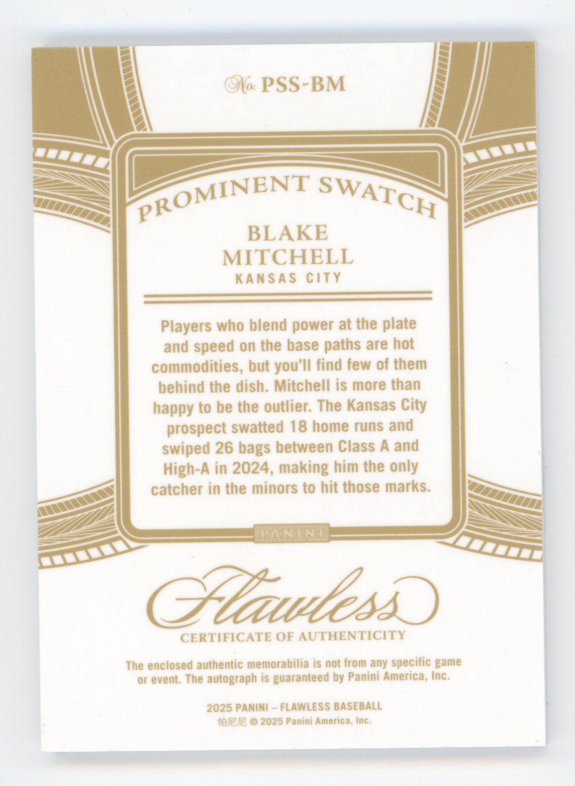 2025 Panini Flawless Blake Mitchell #PSS-BM Prominent Swatch 03/15 Memorabilia