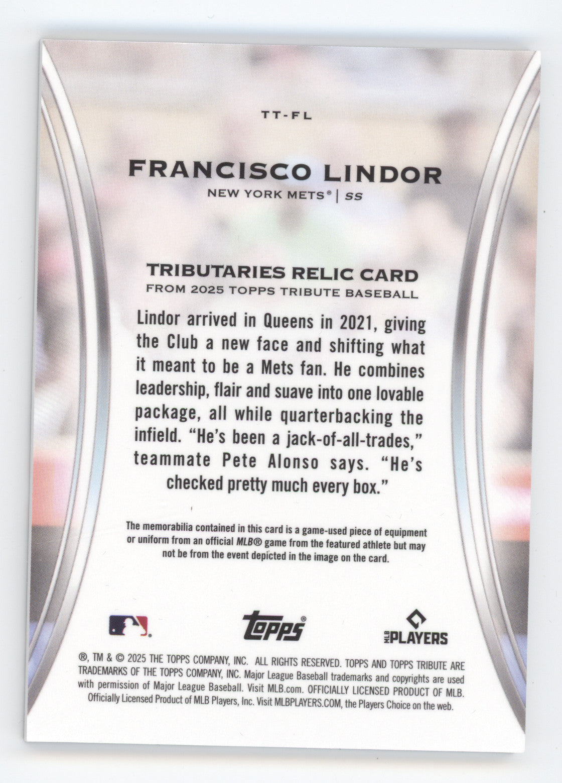 2025 Topps Tribute City Connect Francisco Lindor #TT-FL 10/50 Relic Game-Used