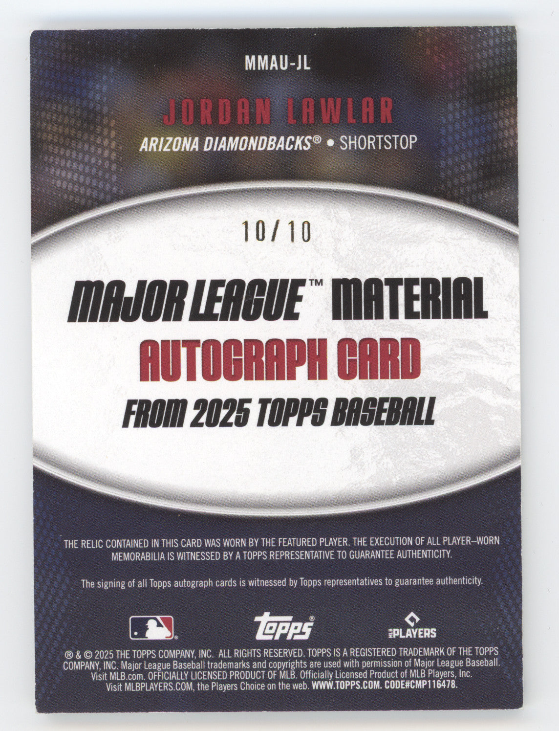 2025 Topps Major League Material Autograph Jordan Lawlar #MMAU-JL Relic 10/10