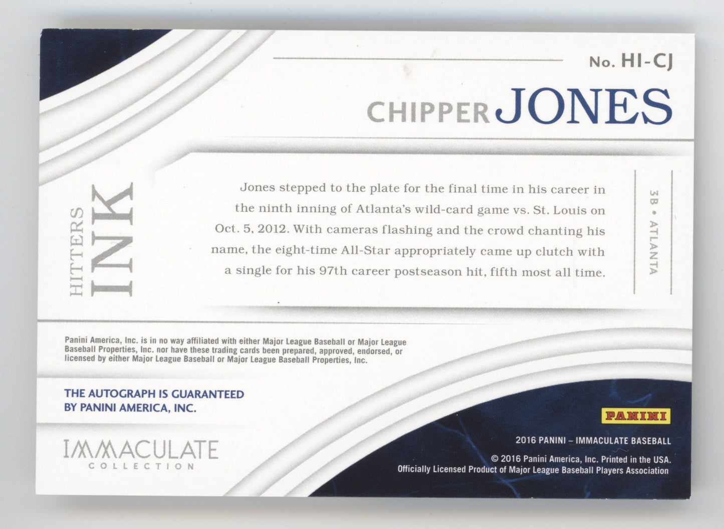2016 Panini Immaculate Collection Hitters Ink Chipper Jones #HI-CJ 18/25