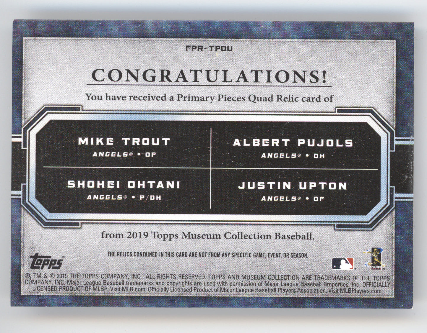 2019 Topps Museum Primary Pieces Trout/Ohtani/Upton/Pujols #PPR-TPOU Quad Relic