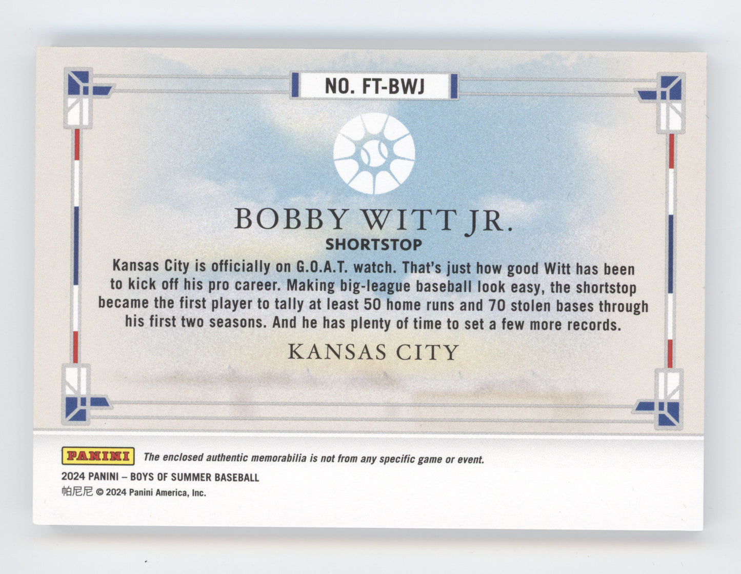 2024 Panini Boys of Summer Five Tool Materials Bobby Witt Jr. #FT-BWJ 068/149